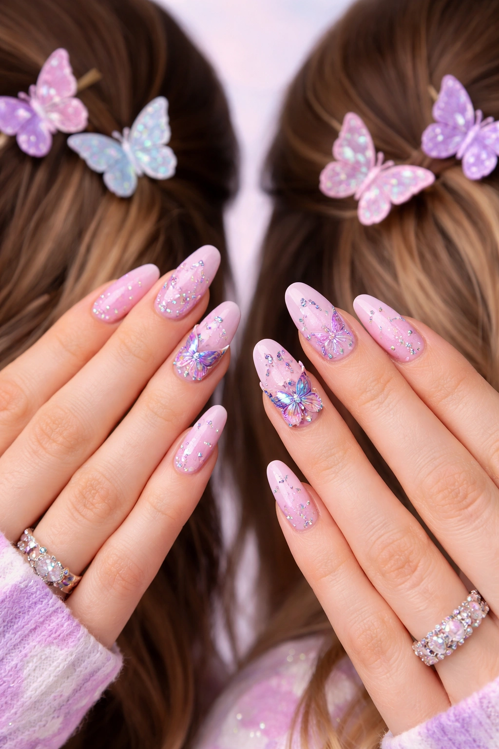 Close-up of hands with matching lavender-pink butterfly nail art and butterfly clips in hair