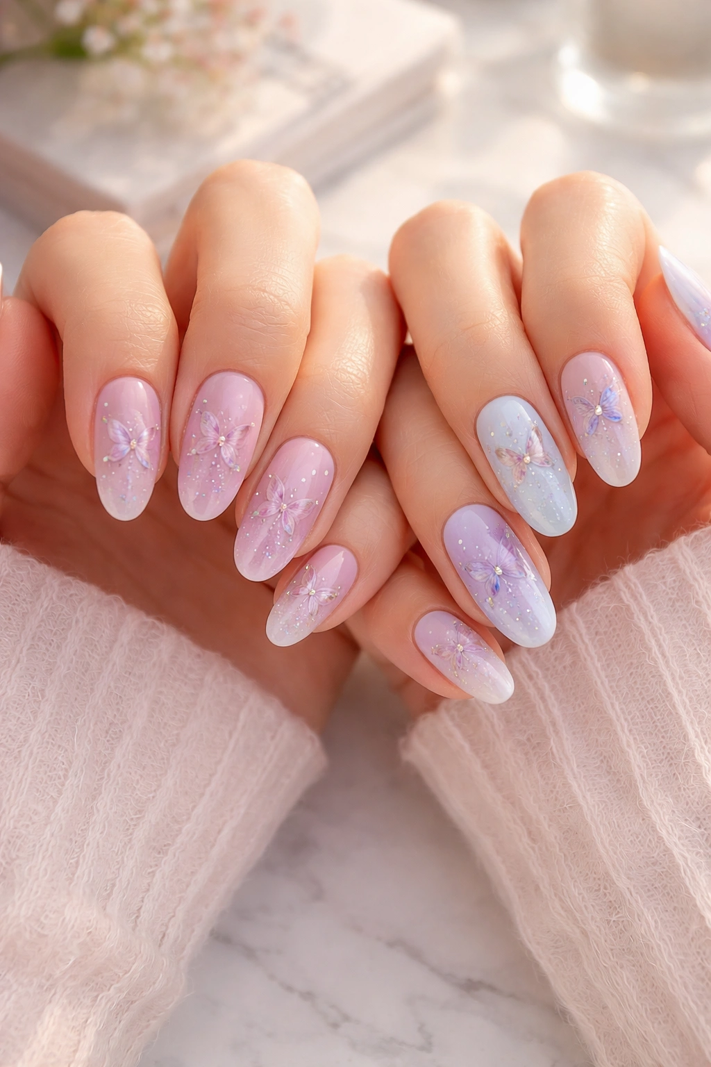 Close-up of two hands with coordinated butterfly nails in soft pastels