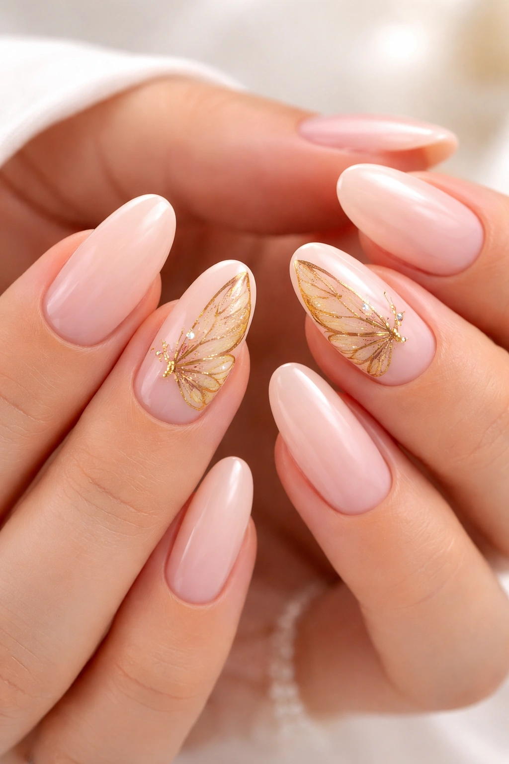 Close-up of hands showing milky pink nails with a single gold butterfly wing accent on each hand