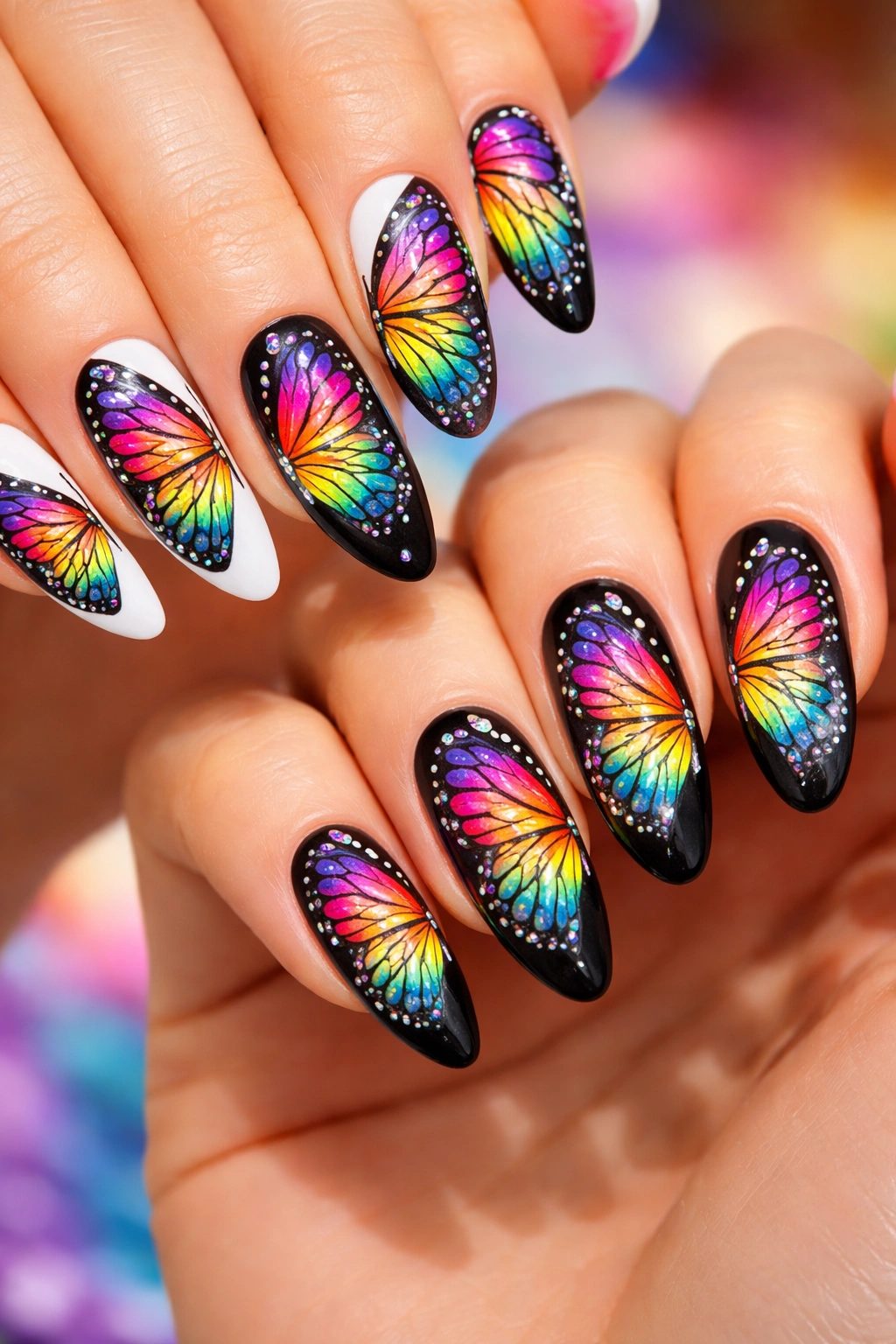Two hands show bold rainbow butterfly nails on contrasting bases