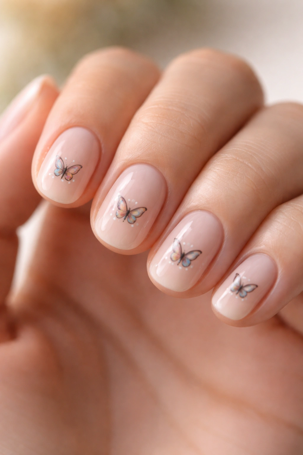 Close-up of a tiny butterfly nail art on a short oval nail with a sheer nude base and fine black linework.