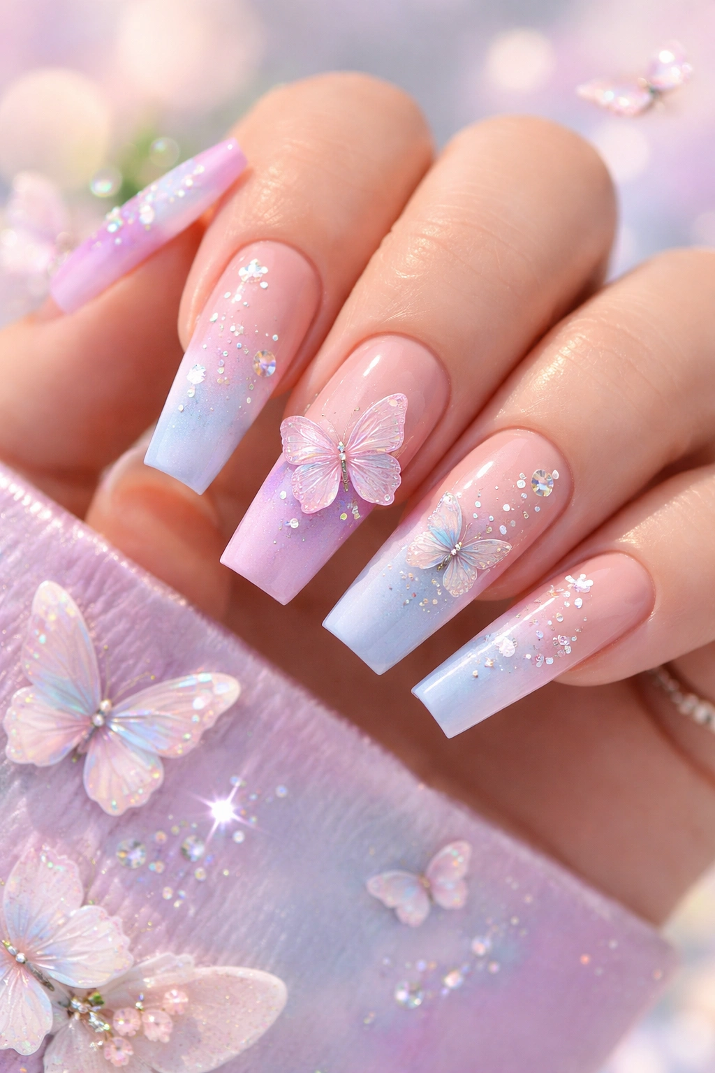 Pastel butterfly nail art on acrylic nails with 3D accents