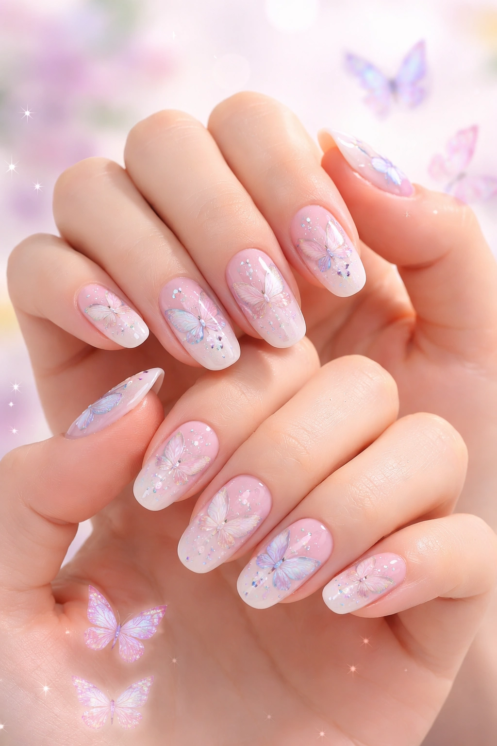 Close-up of hands with matching pastel butterfly nail art on fingernails