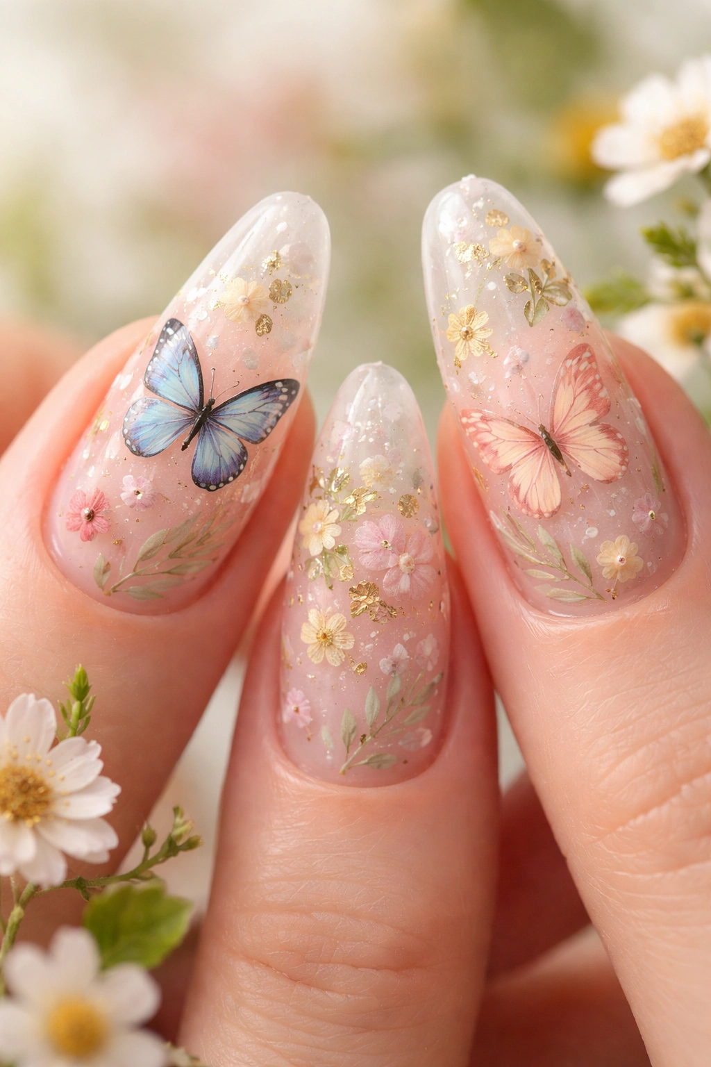 Close-up nails with butterfly and pressed flower designs in clear acrylic