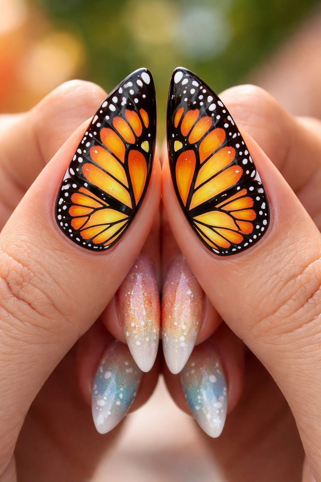 Two hands show butterfly wing split nail art forming a complete butterfly when joined.