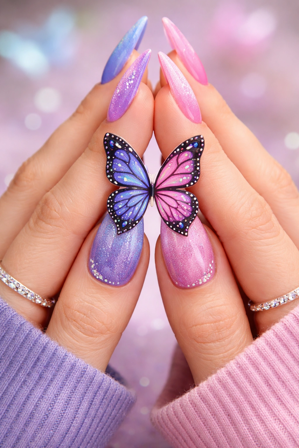 Two hands showing butterfly split nail design with half-wing on accent nails.