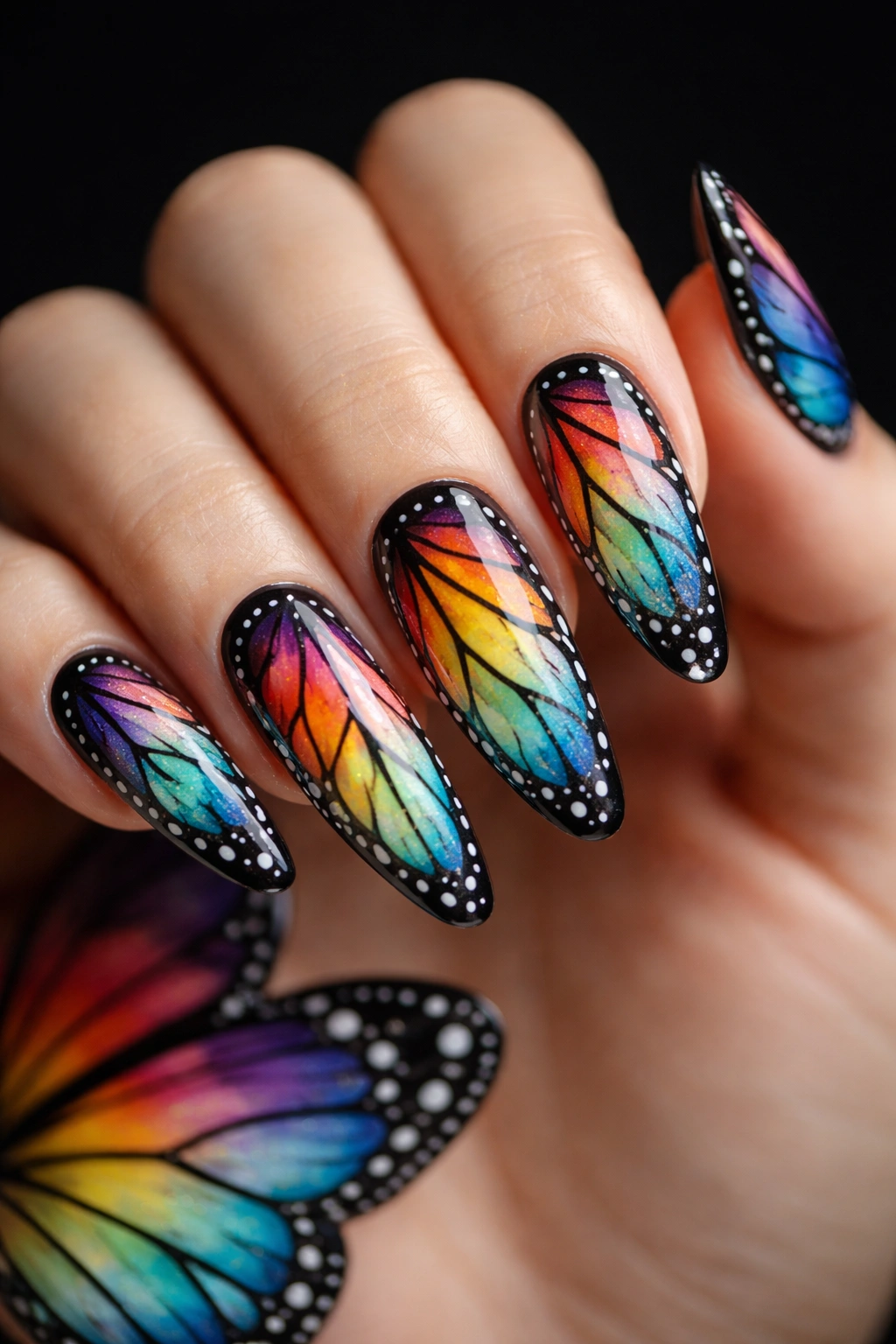 Ultra-detailed butterfly wing nail art on black background