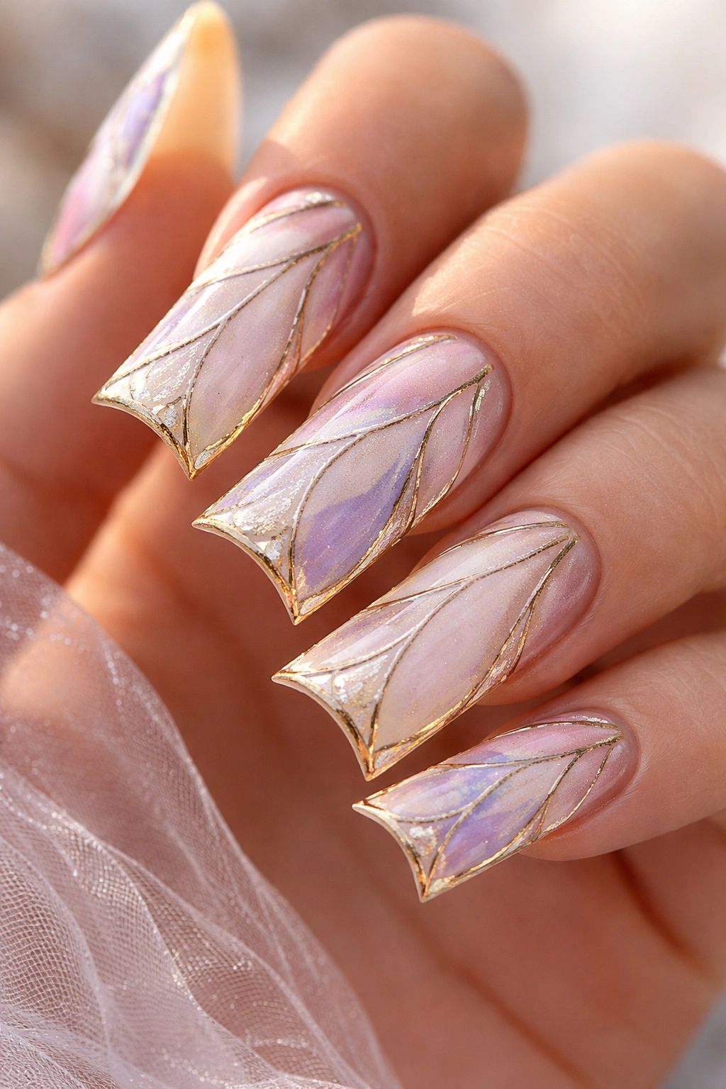 Duck nail with butterfly wing pattern and metallic gold veins