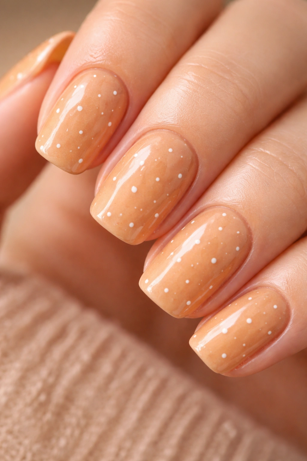 Close-up of butterscotch glaze nails with tiny white dots