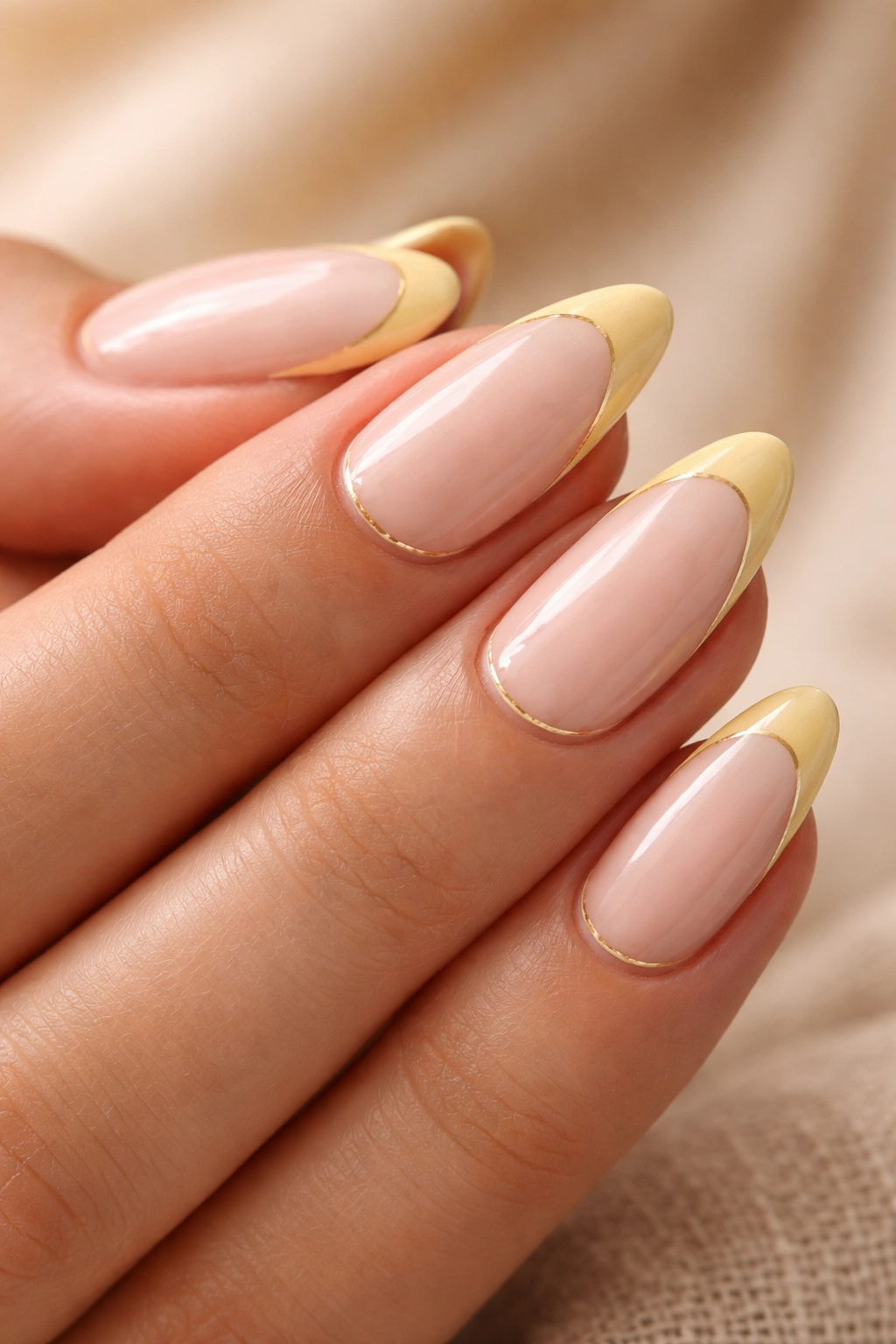 Buttery yellow French tips with a fine gold line on short almond nails