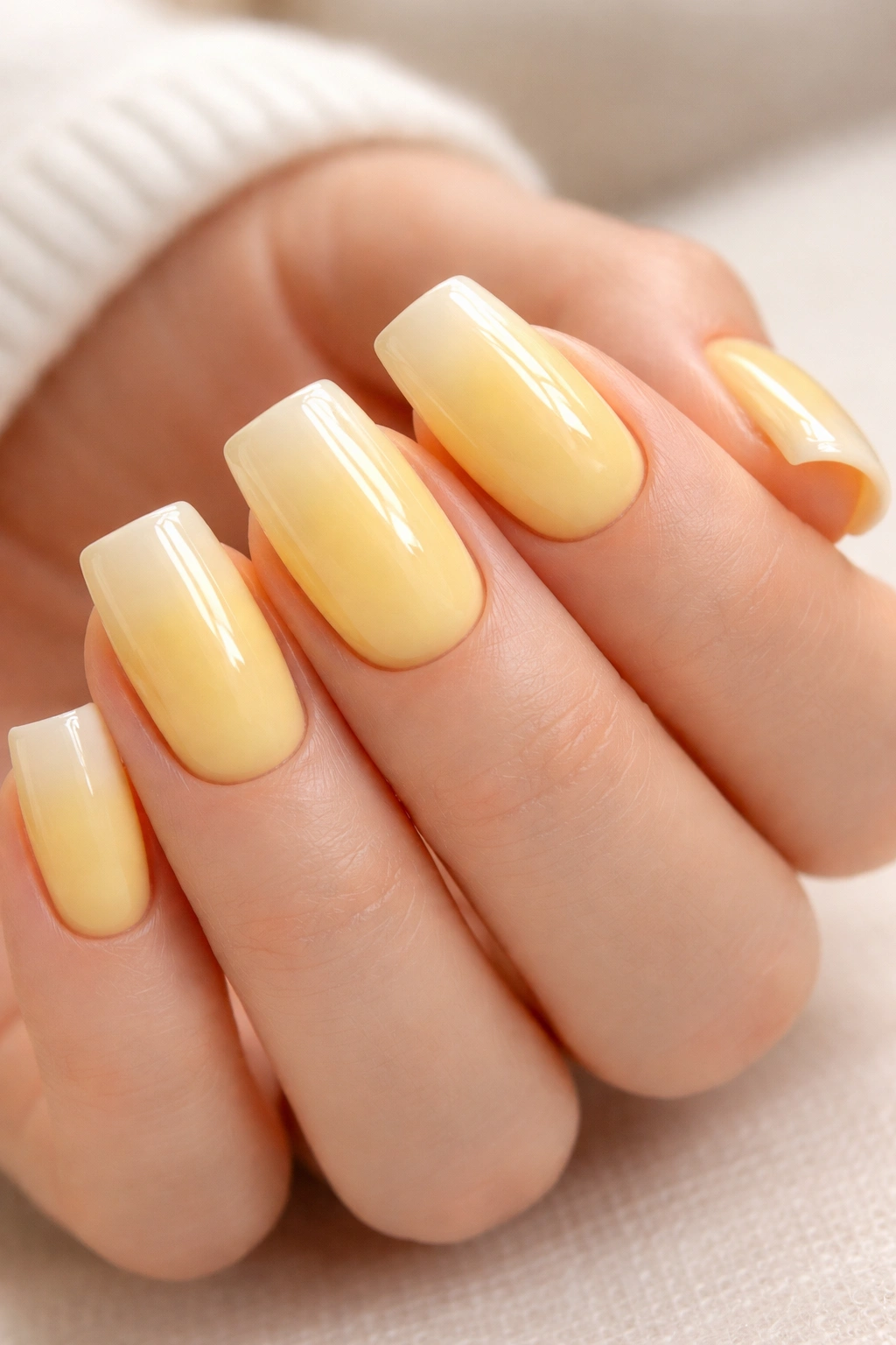 Close-up of buttery yellow ombre nails with pale tips on a soft square shape under natural light