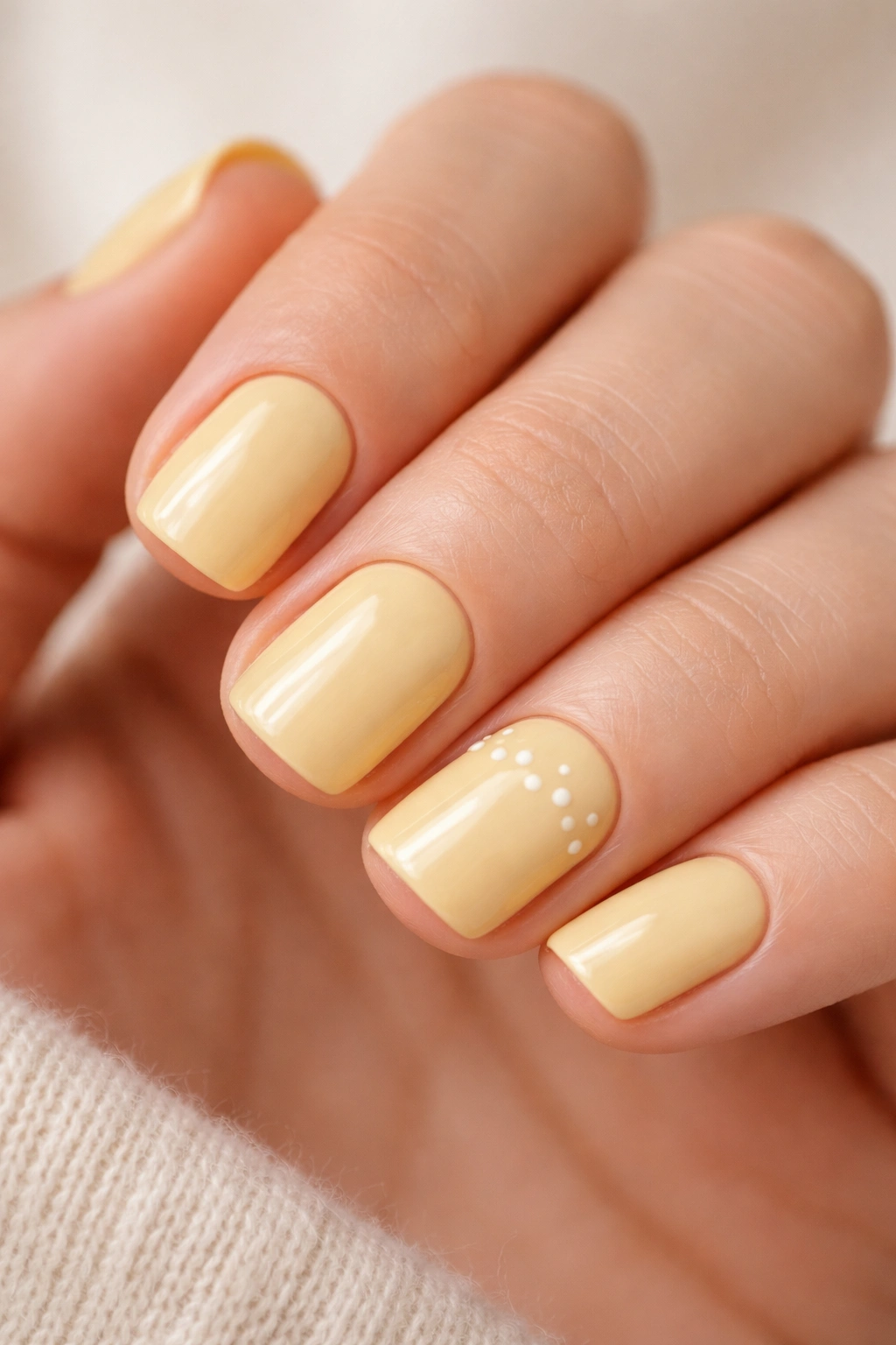 Close-up of buttery yellow squoval nails with cream polka dot accents on two nails
