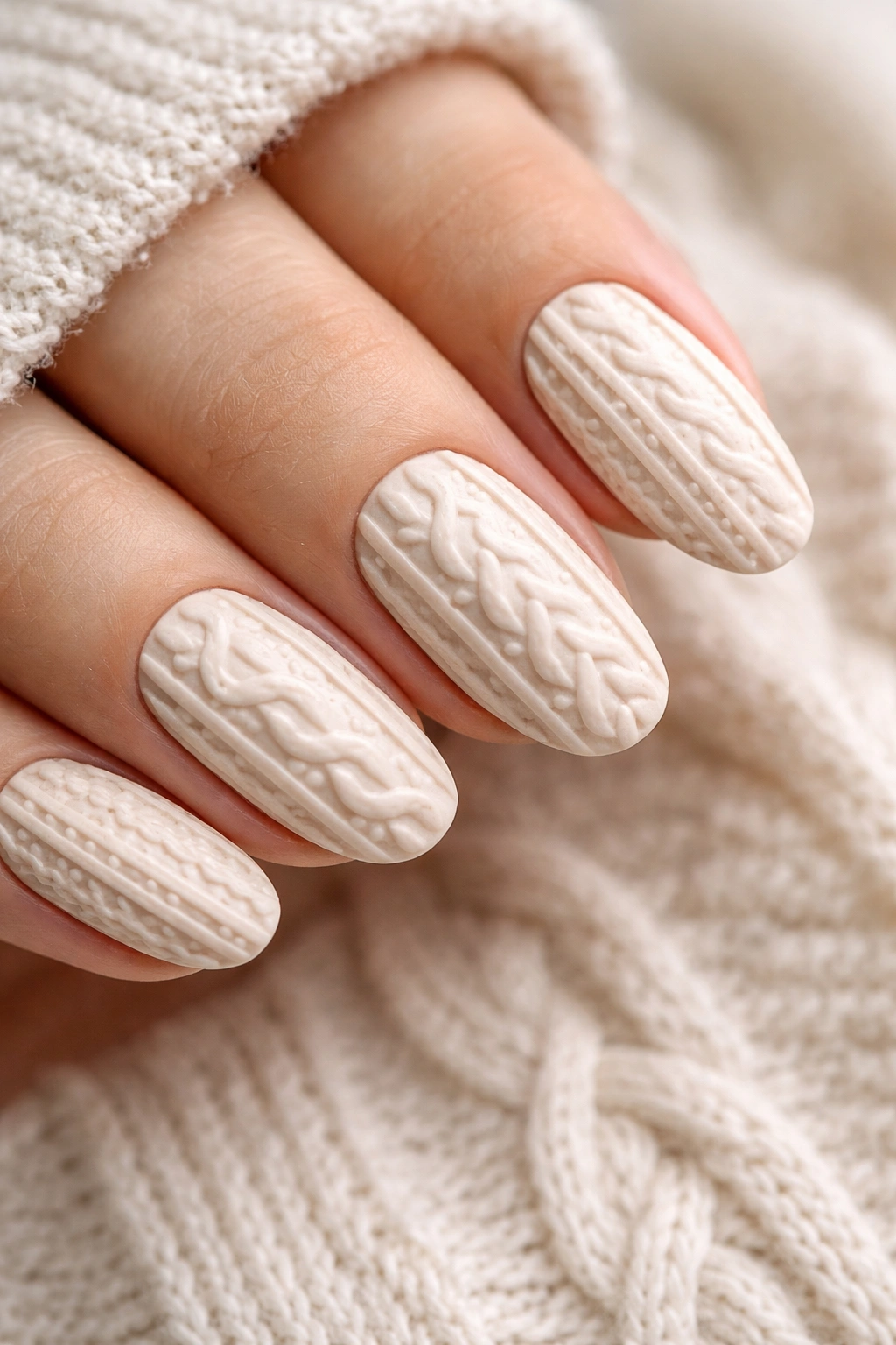 Close-up of 3D cable knit nails in cream beige with textured pattern