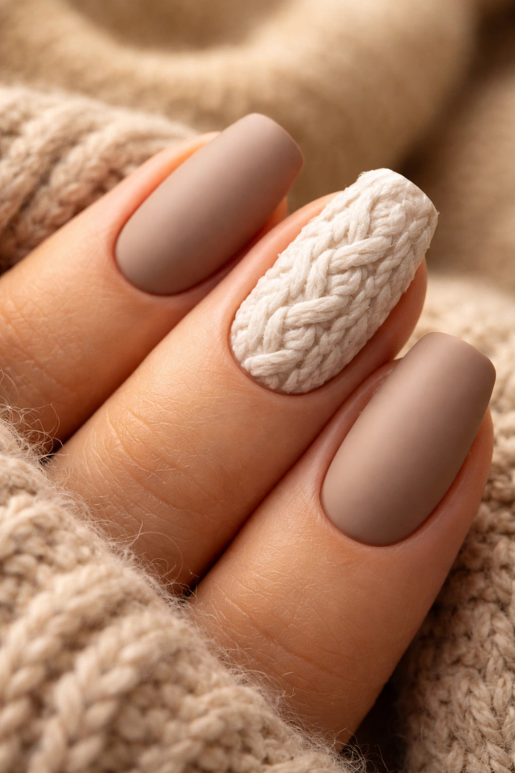 Nail with 3D cable knit texture on white cream finish