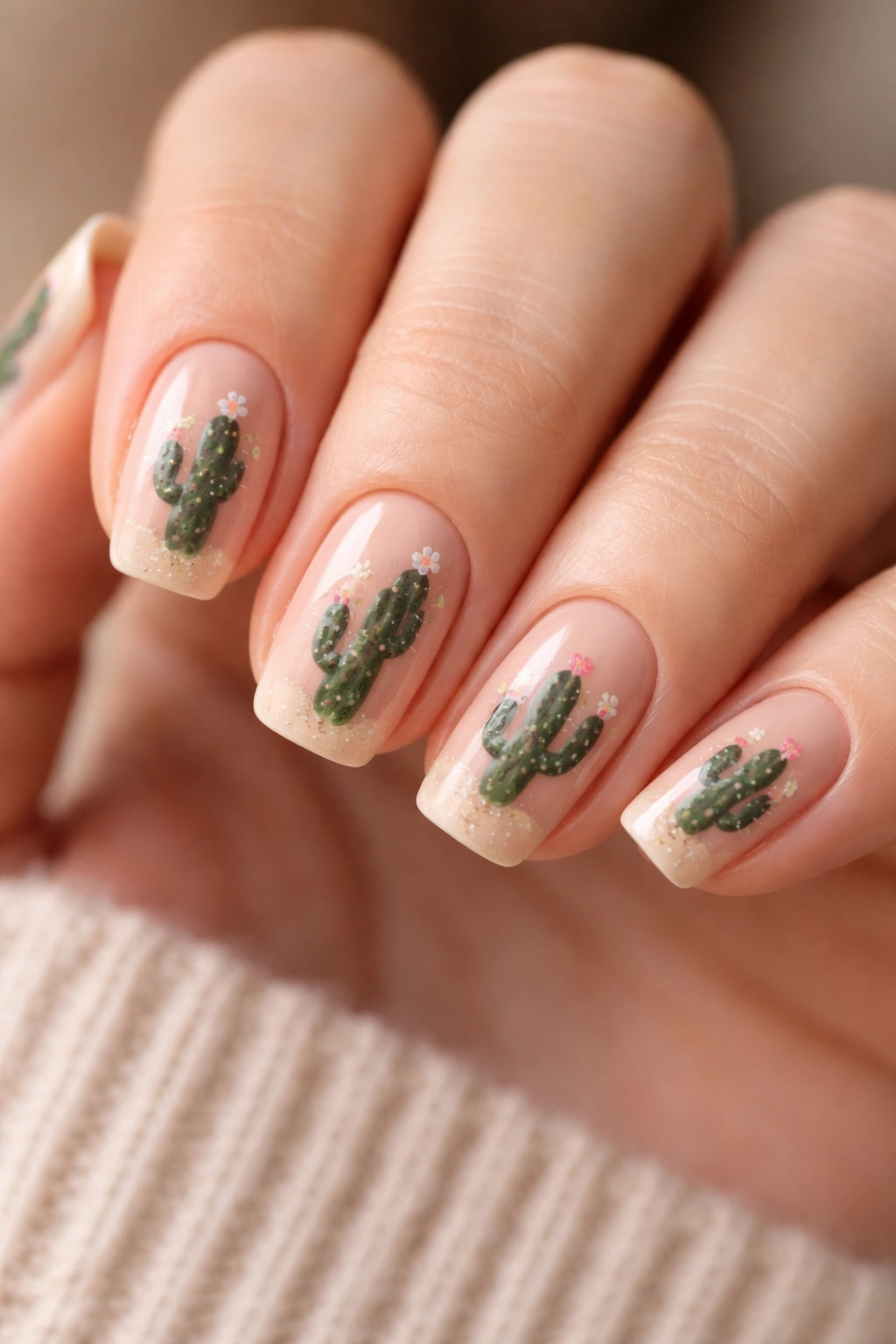 Close-up of cactus-detail nails with tiny green cacti on nude base