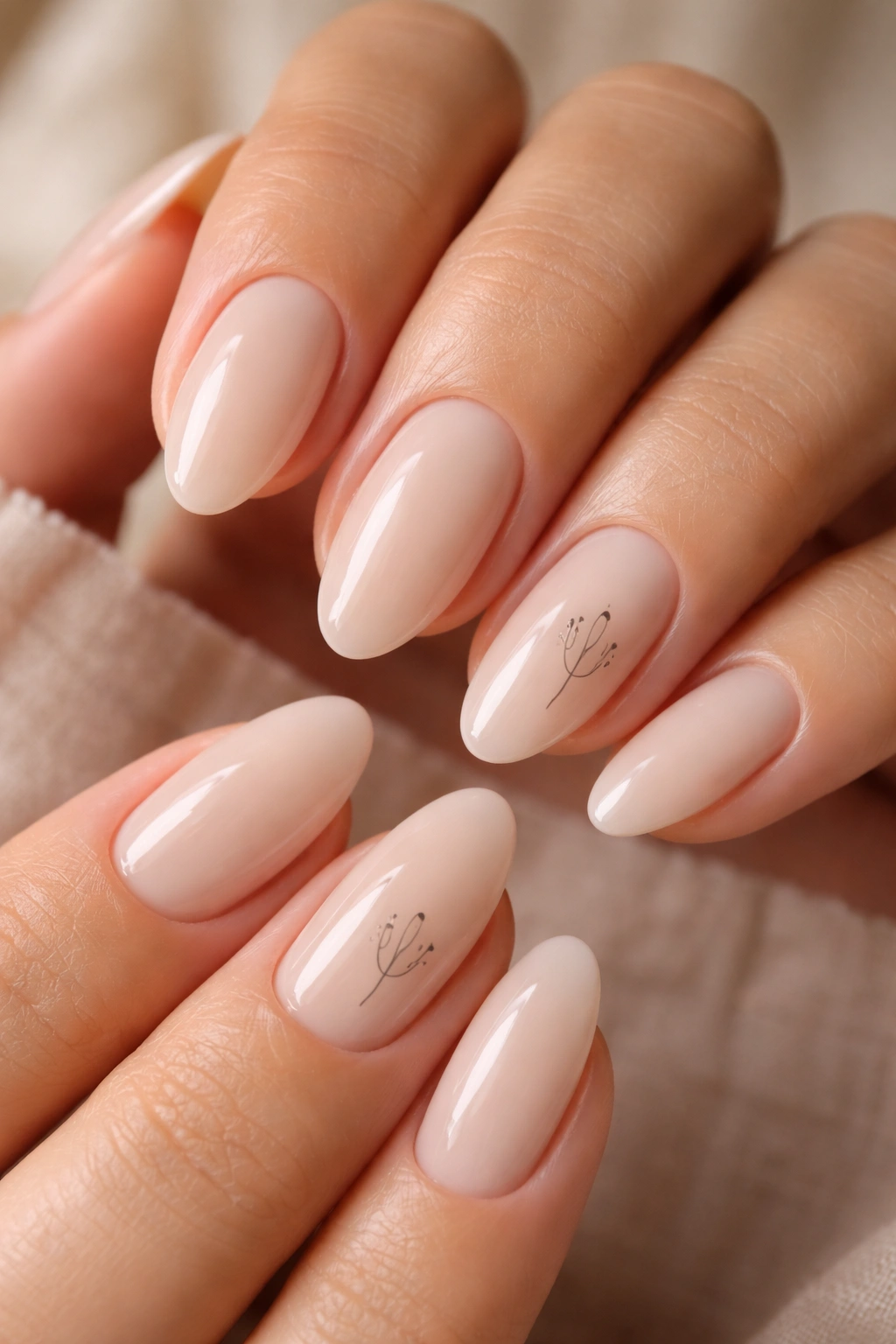 Close-up of milky beige nails with tiny cactus silhouettes