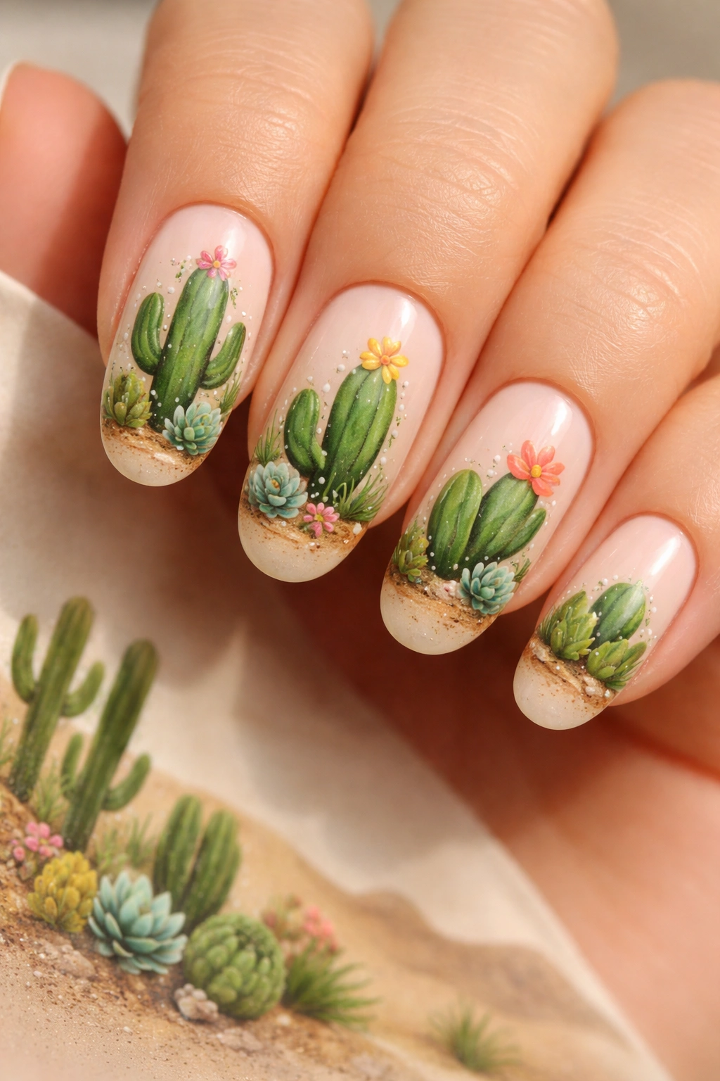Nails featuring cactus and succulent artwork in green tones