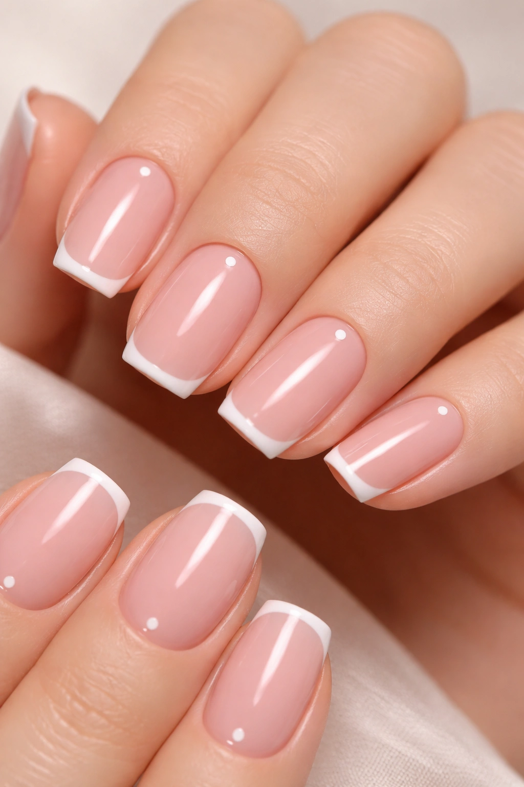 Cameo pink nails with white edge line and tiny minimalist dot