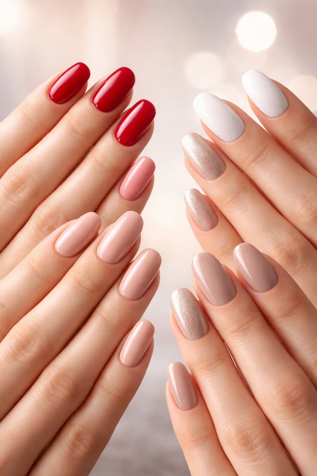 Close-up of hands showing camera-friendly nail colors on a neutral background