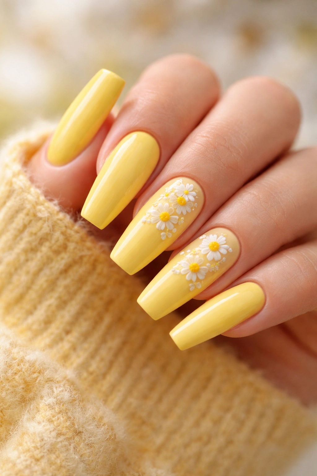 Canary yellow nails with tiny white daisies on two nails