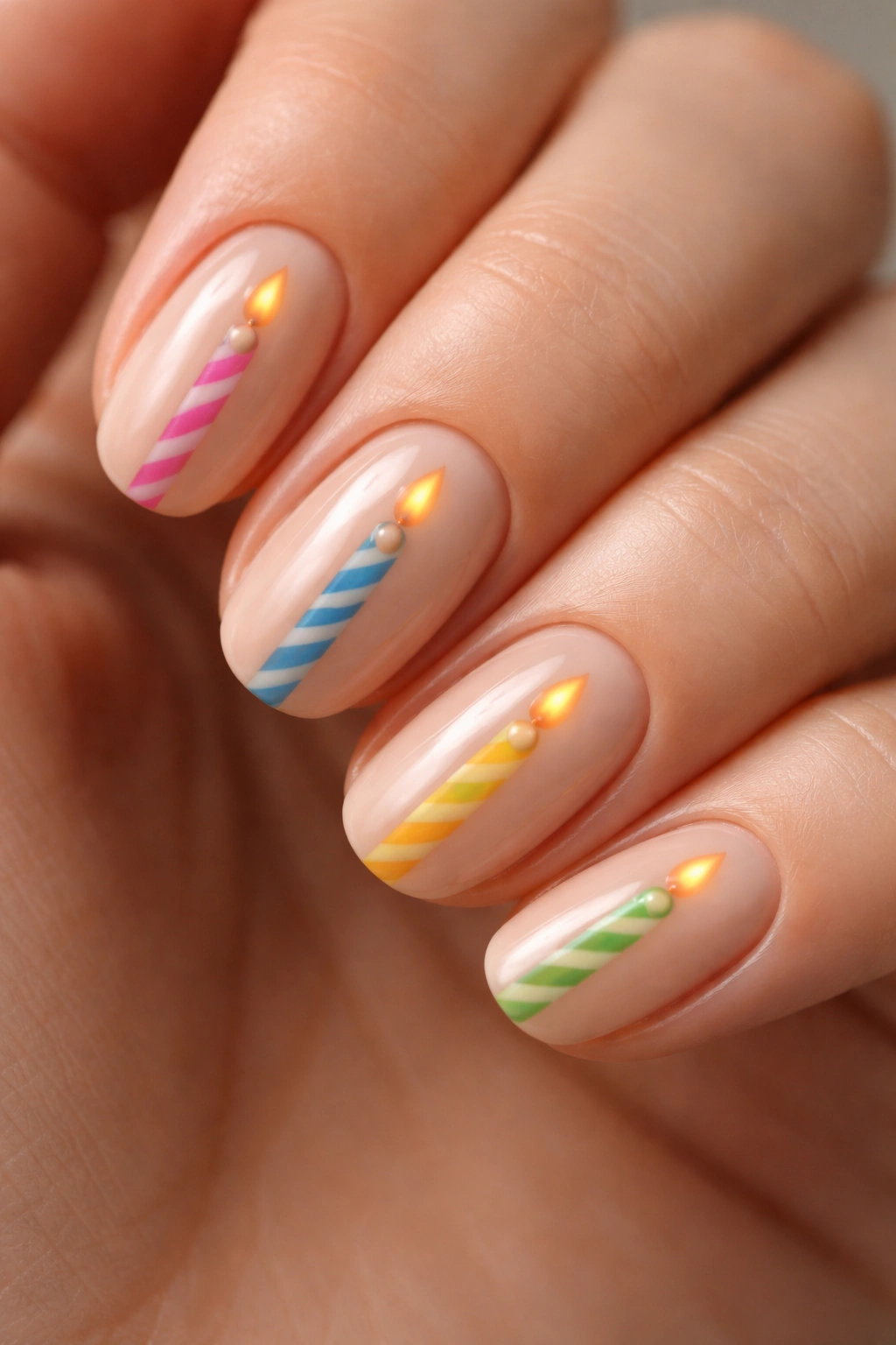 Close-up of short oval nails with candle stripe and tiny flame on nude base