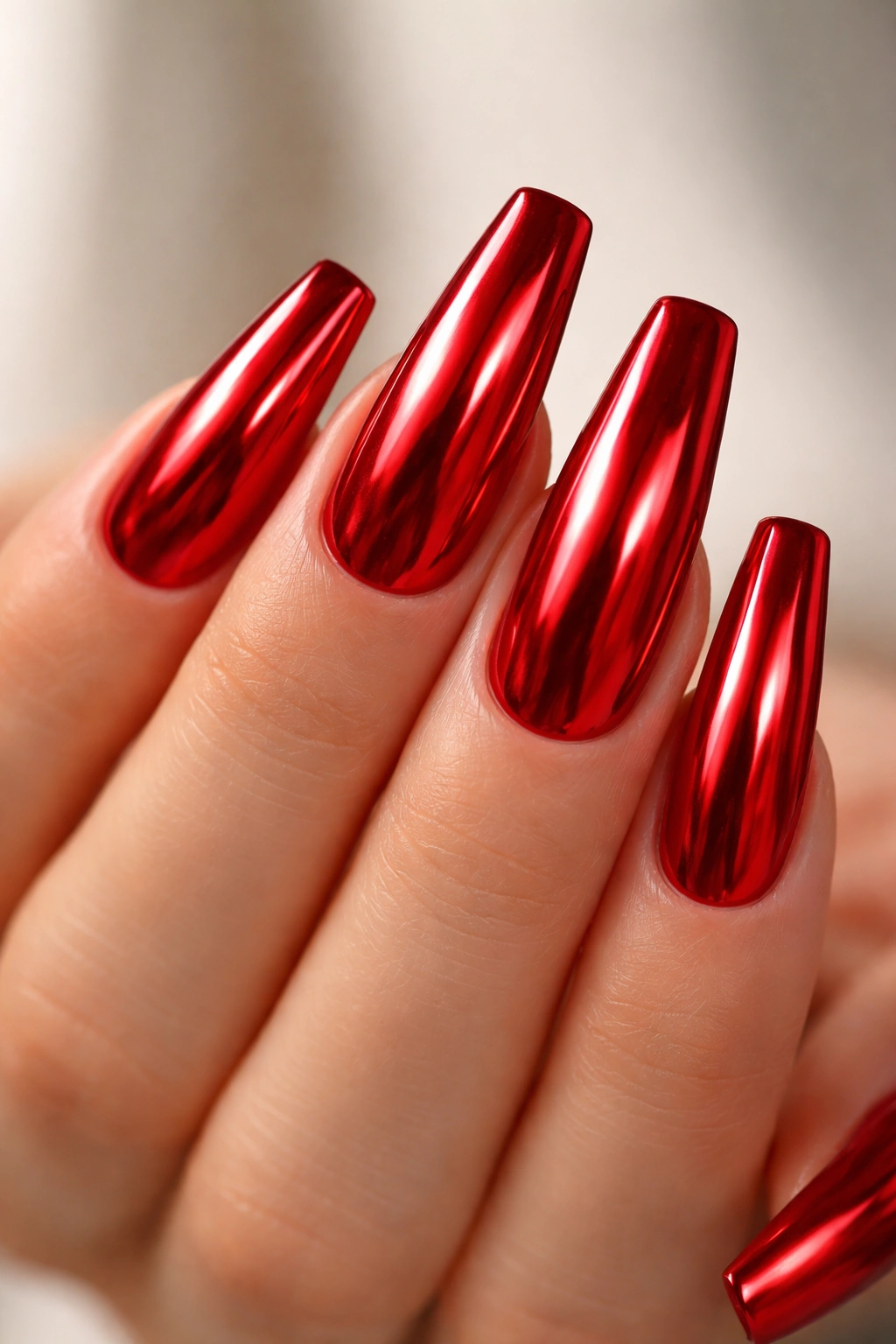 Close-up of candy apple chrome nails with mirror-like red finish on long ballerina tips