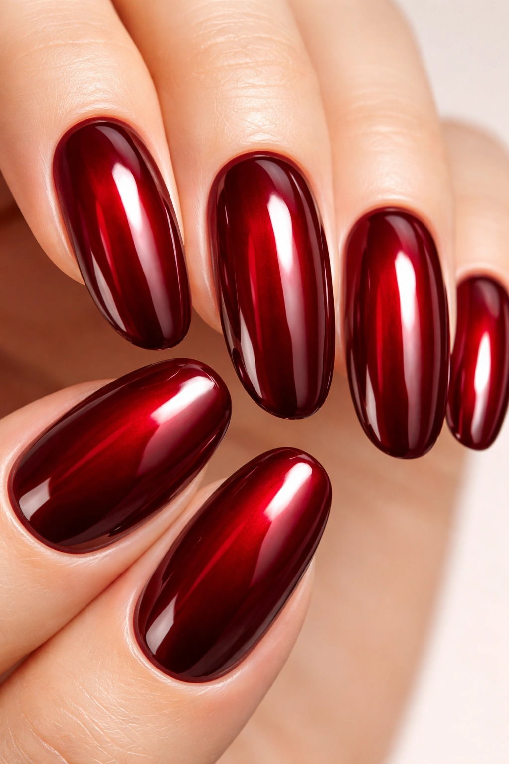 Close-up of long round nails with glossy deep red candy-apple finish