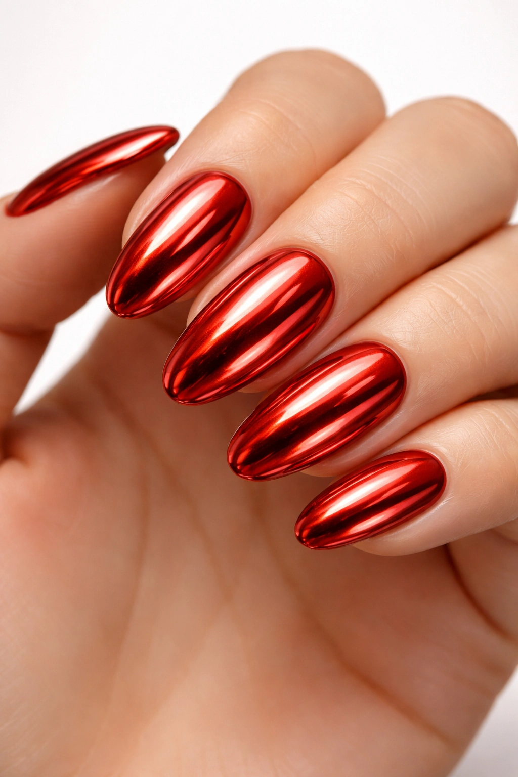 Close-up of candy apple red chrome nails with glossy finish