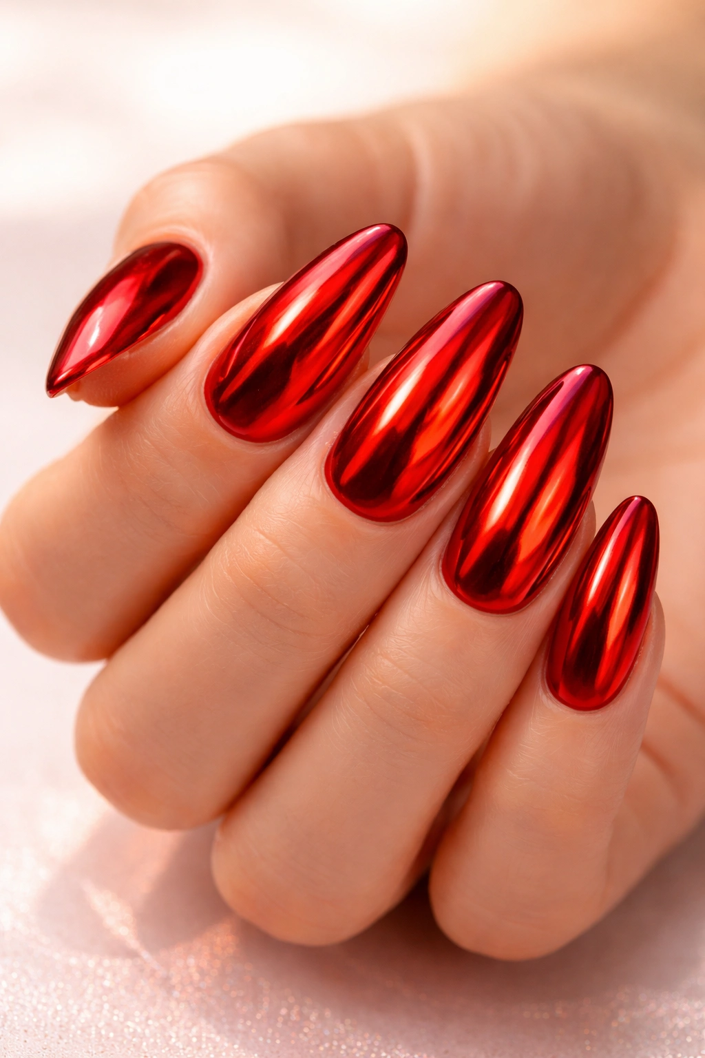Close-up of candy apple red chrome nails with glossy shine