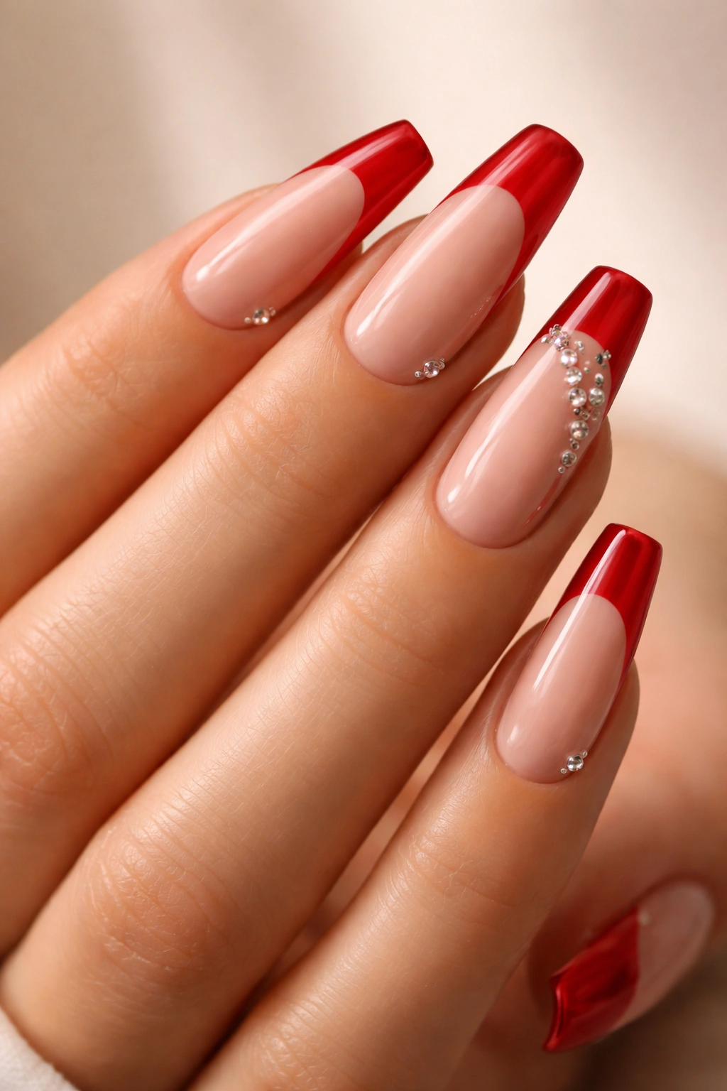 Close-up of candy-apple red tips with tiny crystal corners on nude base