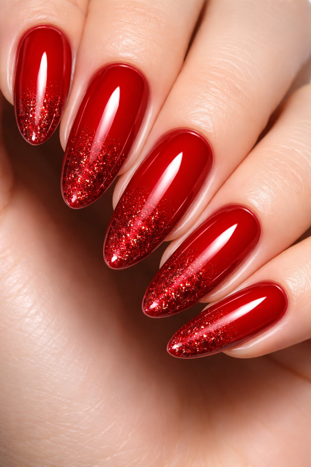 Candy apple red nails with subtle glitter gradient on tips.