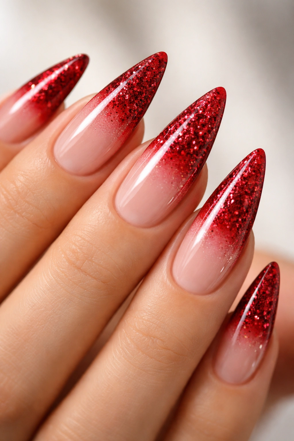 Candy apple red nails with glitter at the tips
