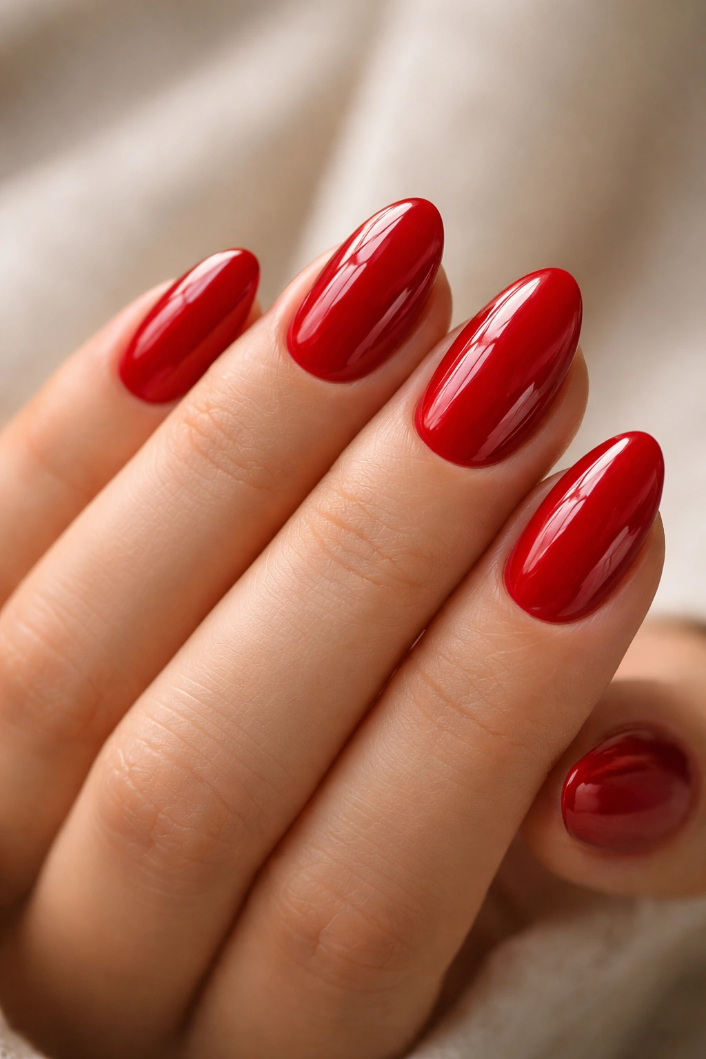 Glossy candy apple red almond nails against a neutral background.