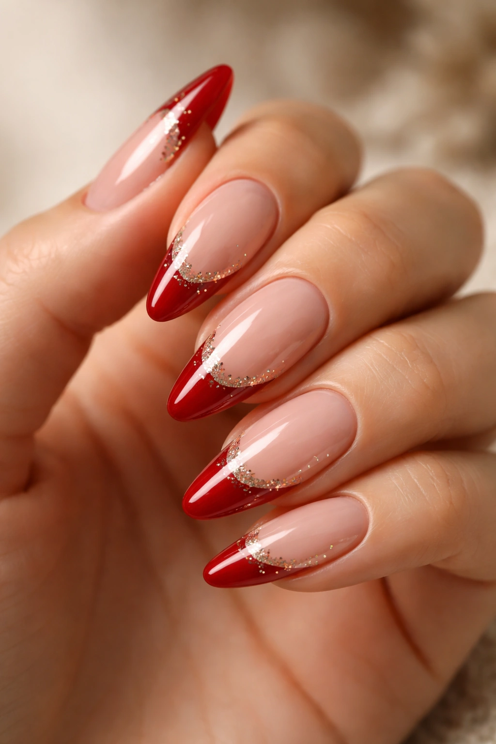 Close-up of almond nails with candy apple red tips and champagne glitter edge