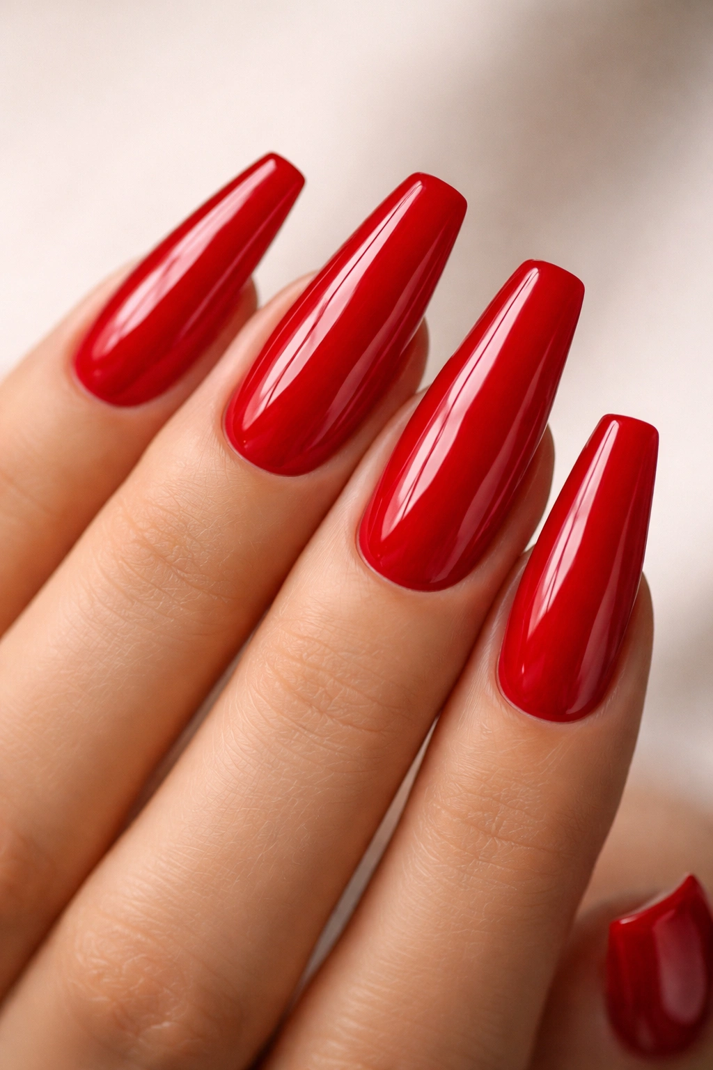 Close-up of bright candy-apple red nails with a glassy top coat on tapered ballerina nails.