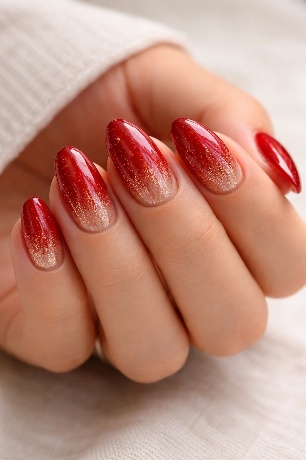 Close-up of candy apple red nails with gold glitter fade