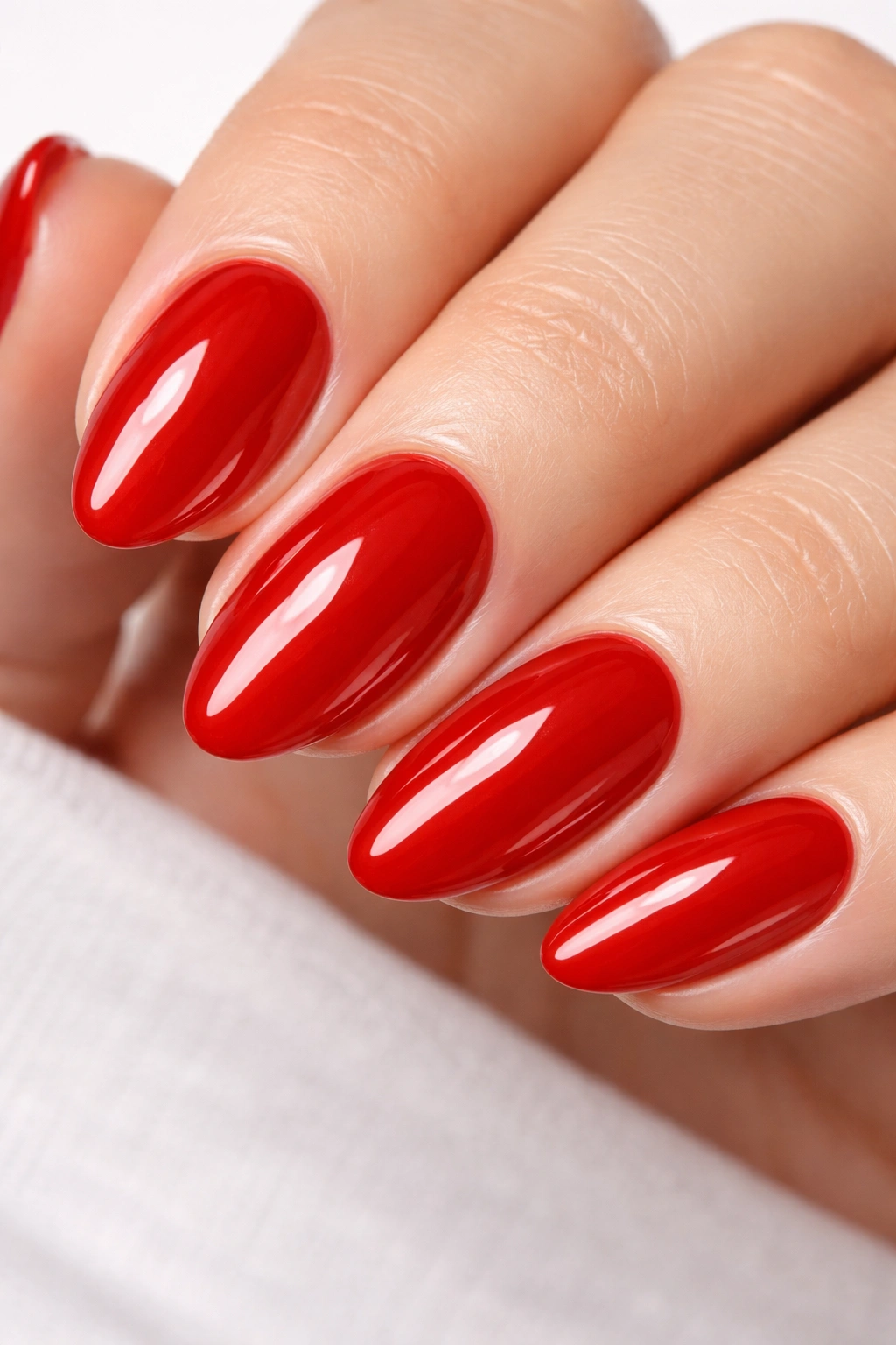 Close-up of candy apple red short almond nails with a glossy finish