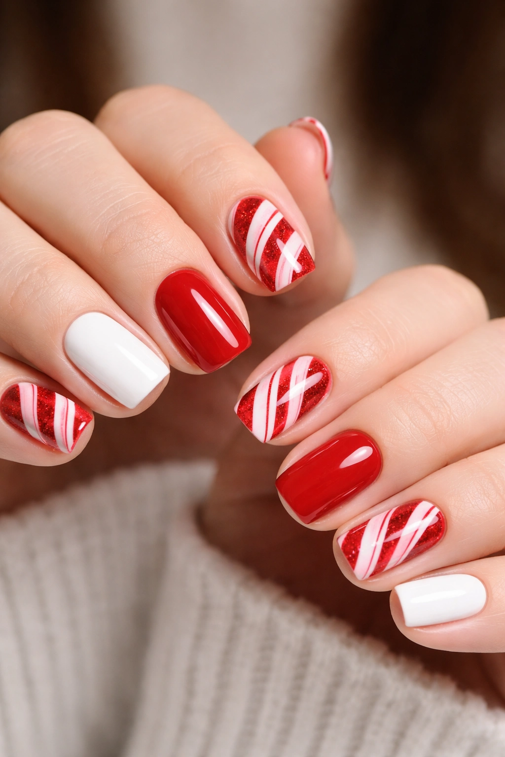 Close-up of Candy Cane Cuties nails with red and white swirls on short nails