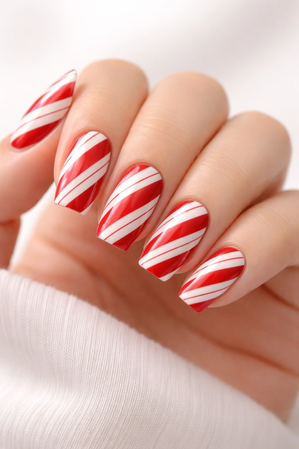 Nails with red and white candy cane stripes in diagonal pattern