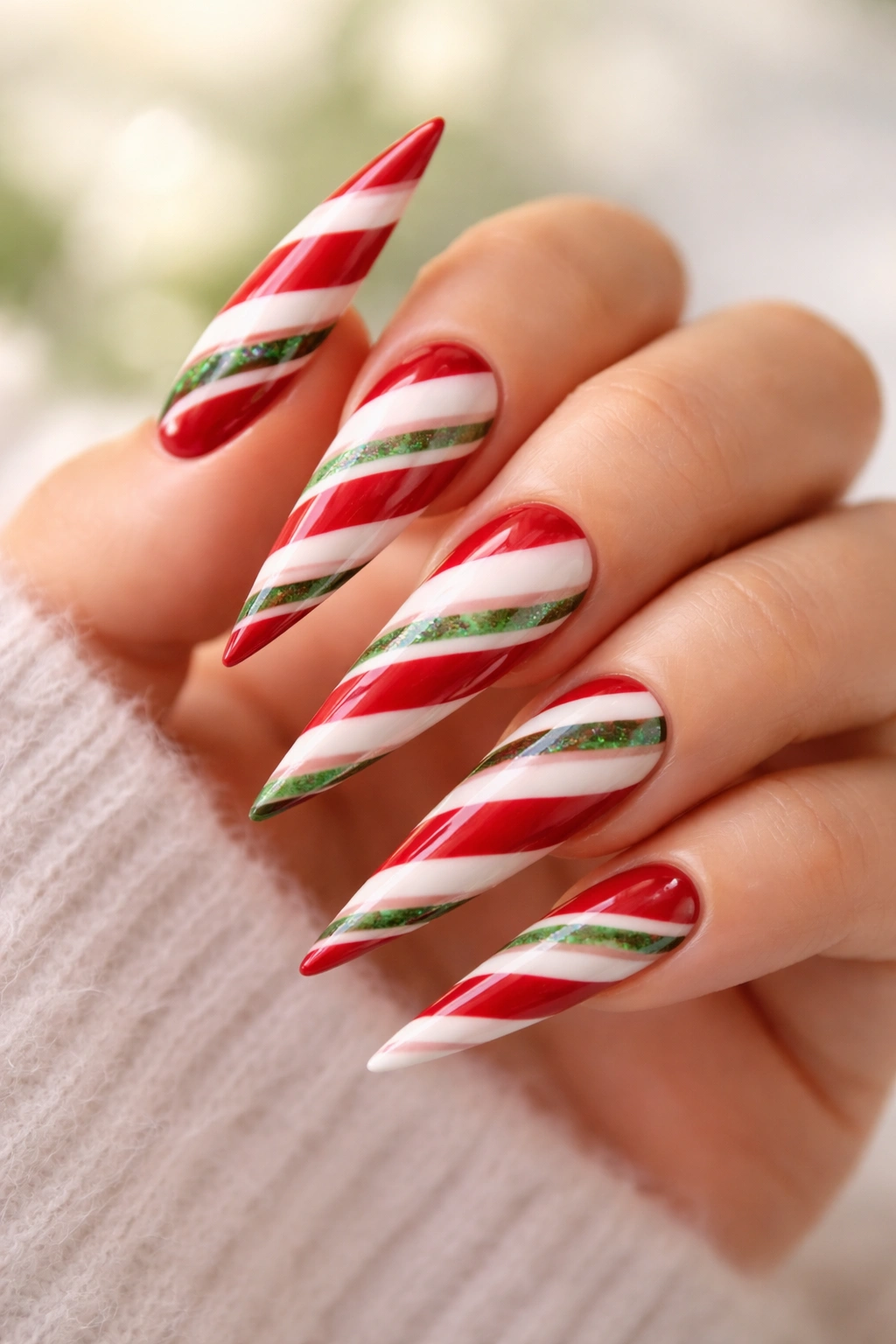 Close-up of candy cane inspired red and white striped stiletto nails with green accents