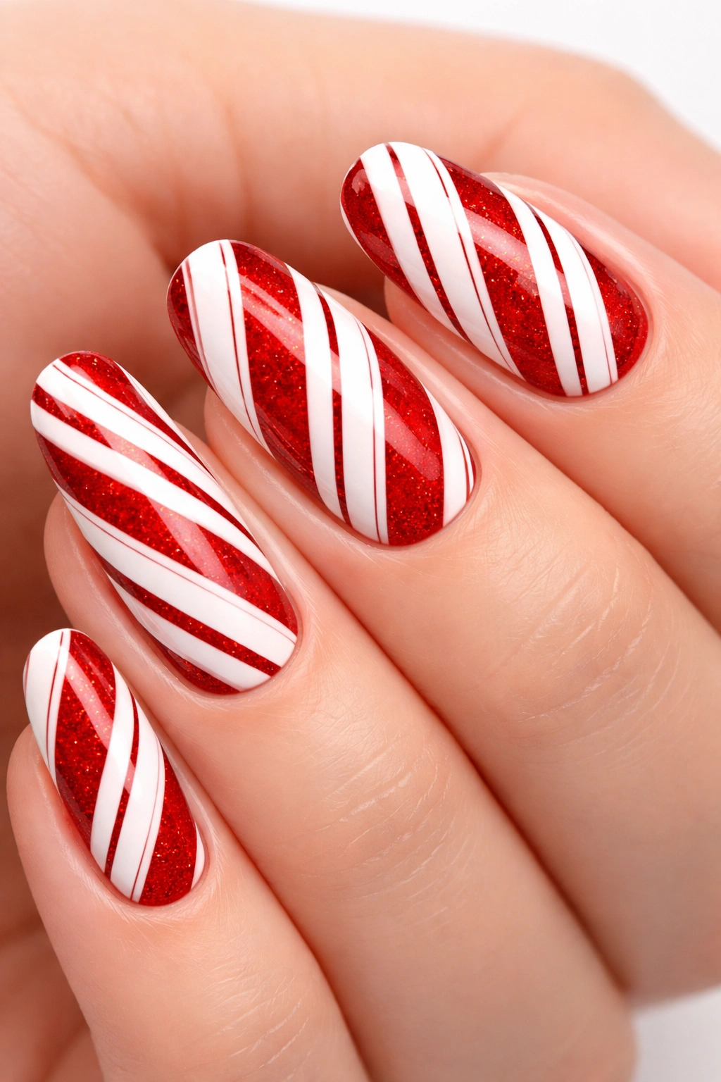 Nails with red and white candy cane diagonal stripes