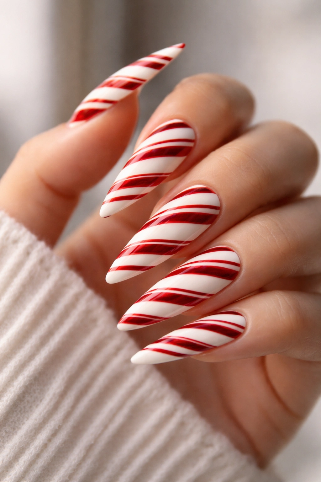 White stiletto nails with diagonal red candy cane stripes