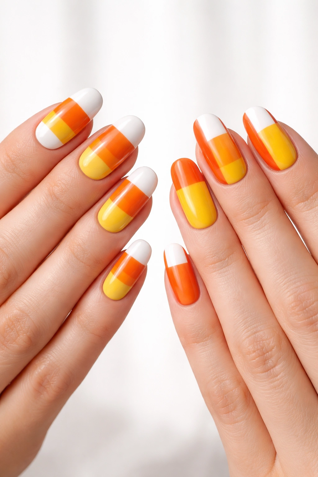Two hands with candy corn nail blocks in white, orange, and yellow with different stripe orientations.