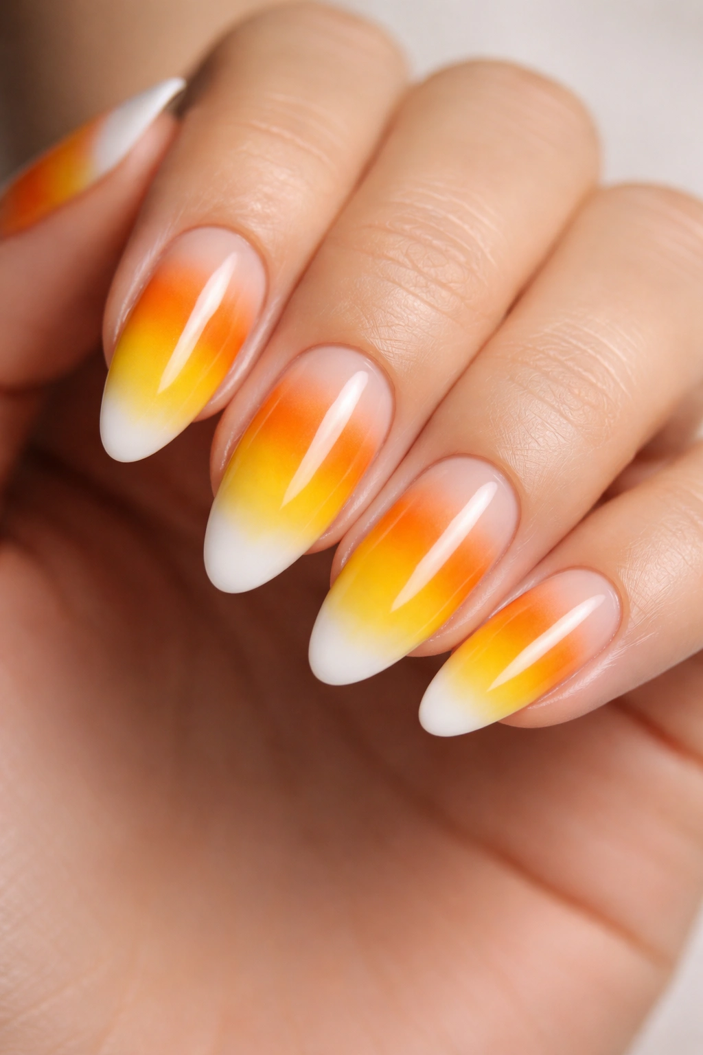 Close-up almond nails with candy corn gradient from yellow base to orange and white tip