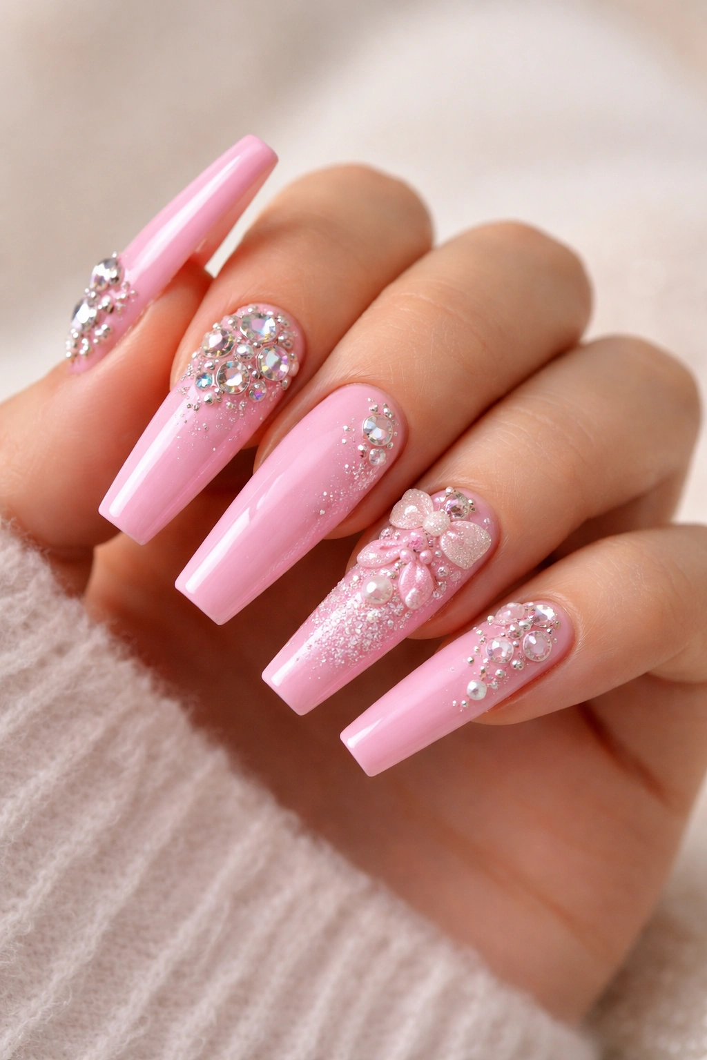 Candy pink nails with 3D rhinestone elements on long coffin nails