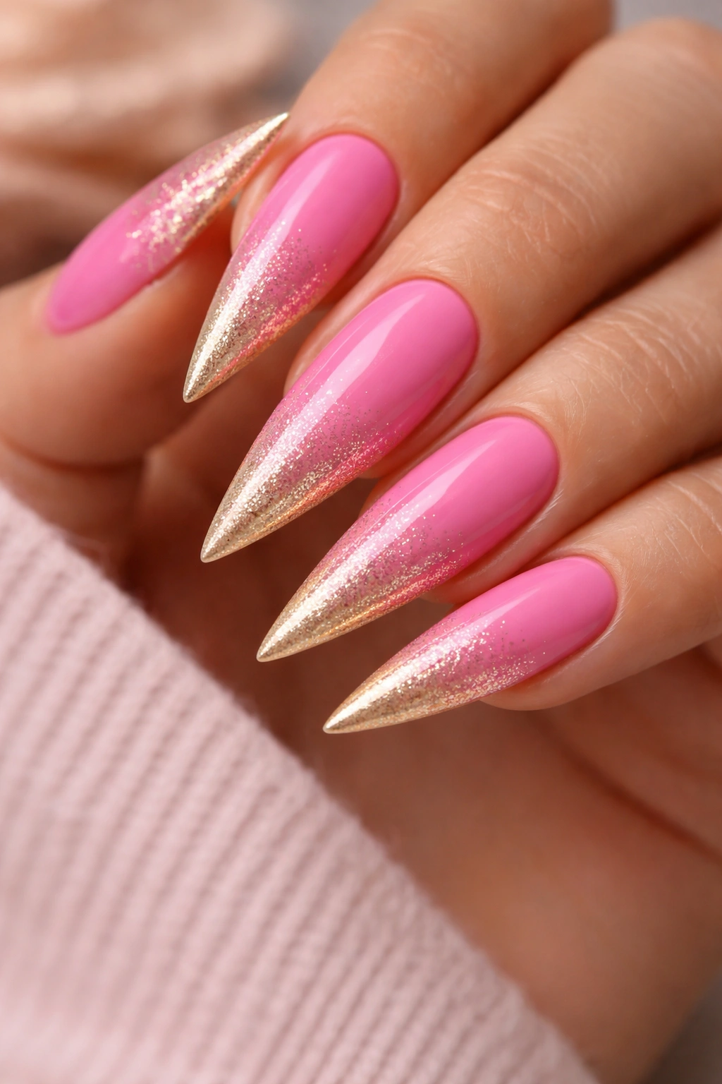 Candy pink nails with champagne gold gradient on stiletto tips