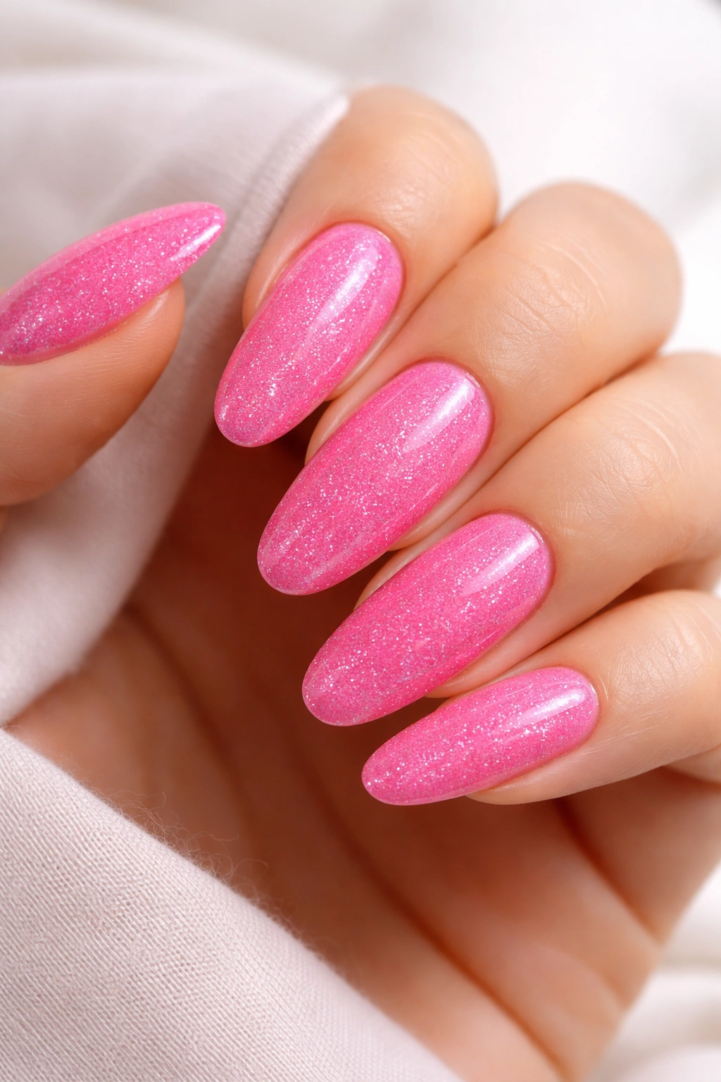 Bright candy pink long oval nails with micro glitter