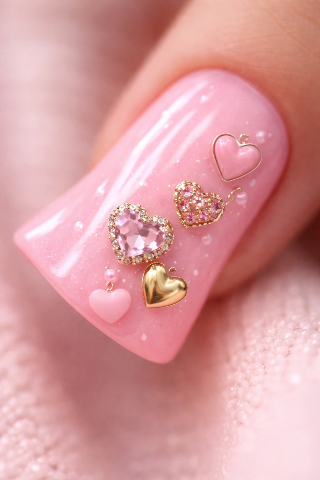 Close-up of a candy pink nail with multiple heart charms