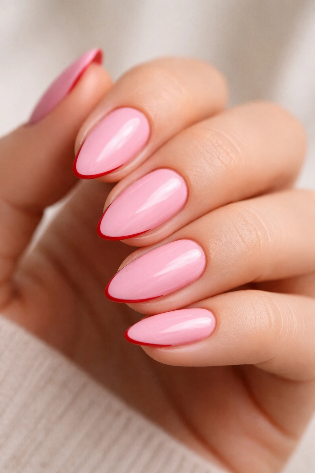 Close-up of short almond nails with candy pink polish and a thin red side line