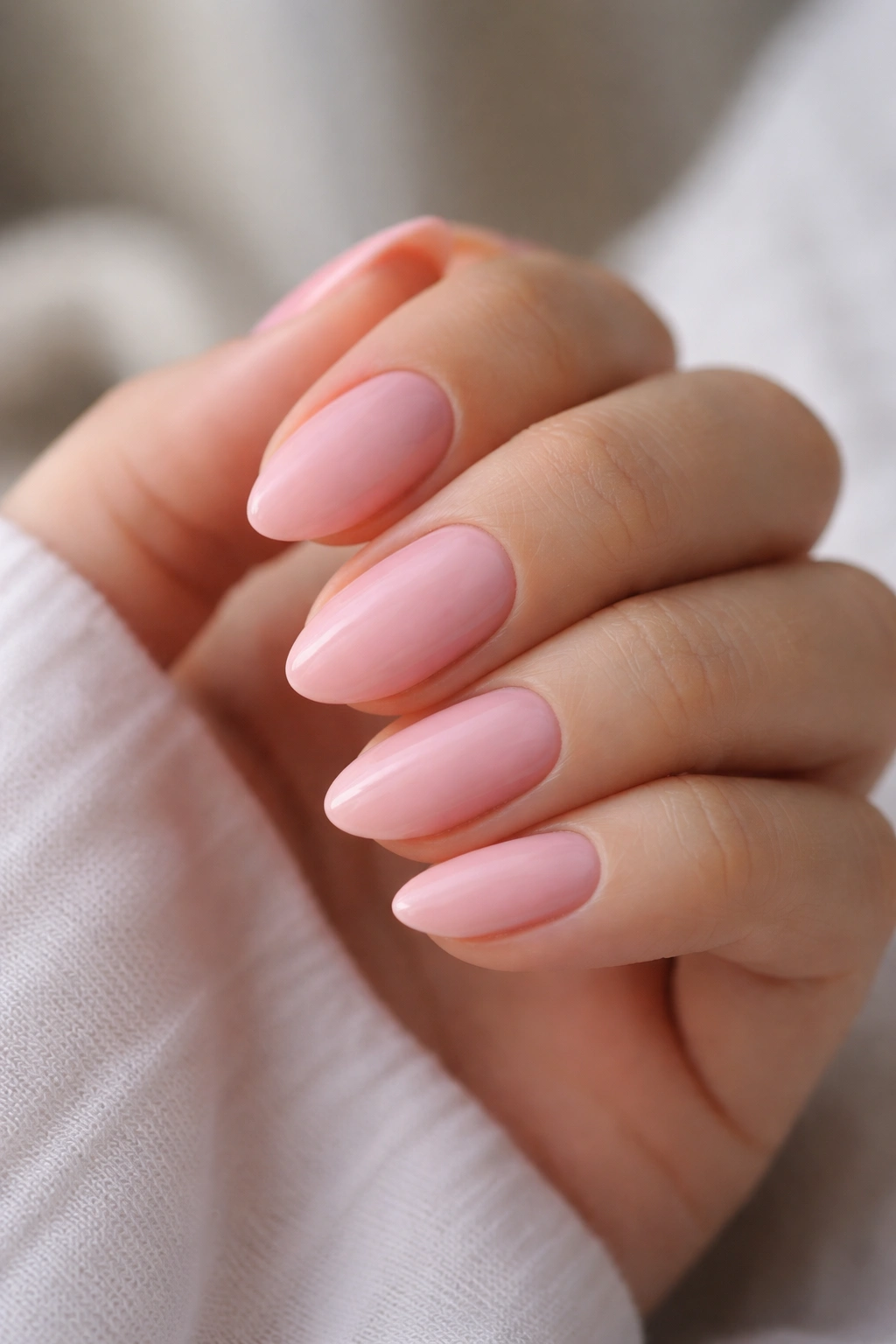 Short almond nails painted candy pink with a clean, thin edge.